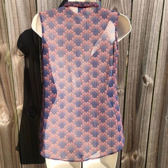 Cabi Blouse XS Top Fan Button Down Red Blue Tank Sleeveless 3620 Sheer Collar - Picture 10 of 11